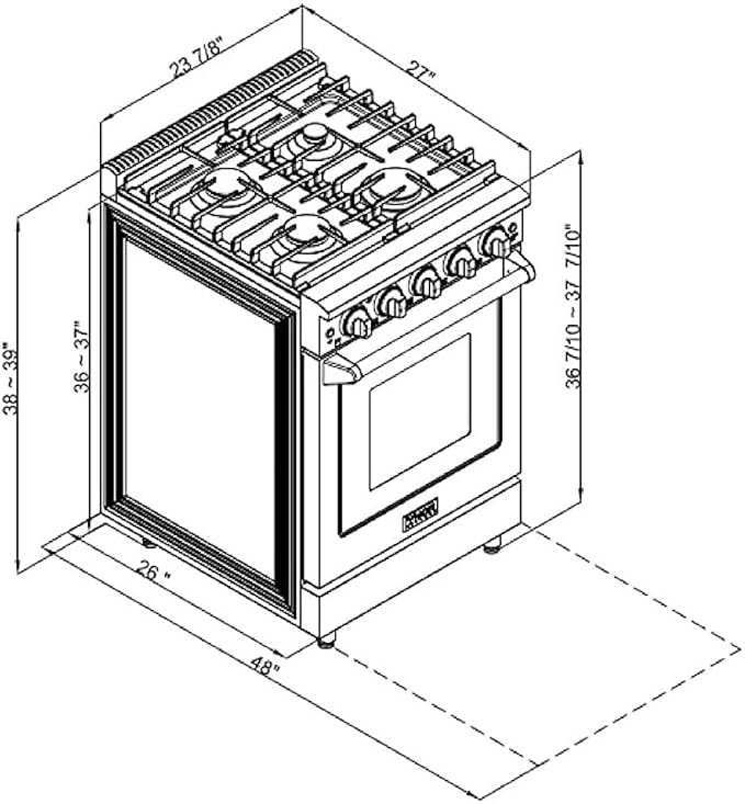 Thor Kitchen 24 in. Freestanding Gas Range LRG2401U with 4 Sealed Burners, 3.7 cu. ft. Oven, Storage Drawer, Cast Iron Grate in Stainless Steel