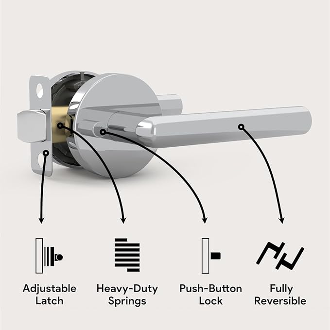 Mega Handles Ronn Privacy Lever & Lock Door Handle Set for Hallway, Closet and Bathroom, Keyless Lock, Heavy Duty Door Levers, Fits All Standard Door Sizes, Screws Included - Polished Chrome (1 Pack)
