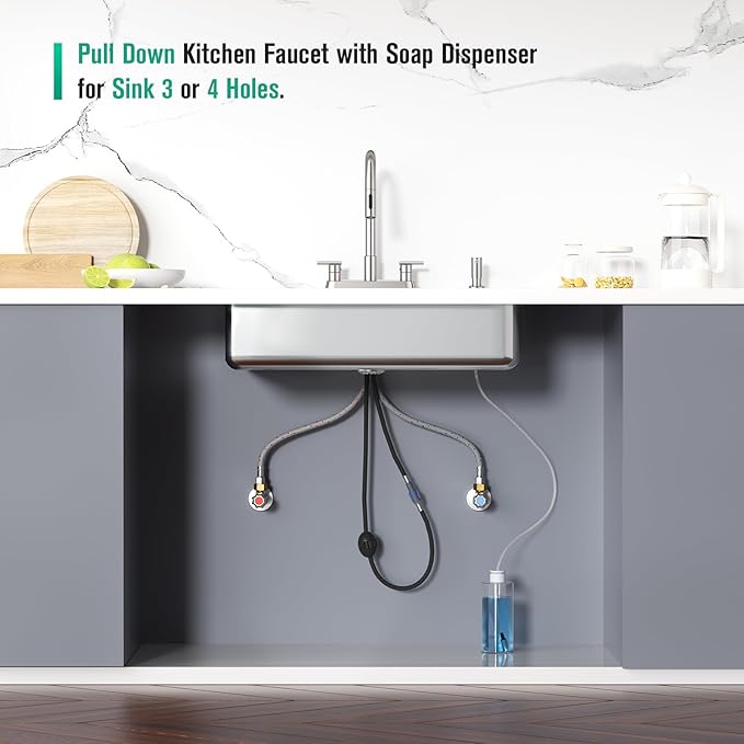 CREA Black Kitchen Faucets with Pull Down Sprayer and Soap Dispenser,Two Handles 8-Inch 4 Holes Bar Sink Faucet for RV Laundry Camper Utility Sink Brushed Nickel Stainless Steel