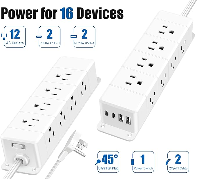 40W Fast Charging Under Desk Power Strip,12 Outlet Mountable Power Strip with 4 USB,1200J Surge Protection,10FT Flat Extension Cord