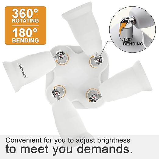 DiCUNO 4 in 1 E26 Light Socket Splitter Adapter, Standard Base LED Bulbs Converter, 360 Degrees Adjustable 180 Degree Bending, 4 Way Bulbs Socket Holder