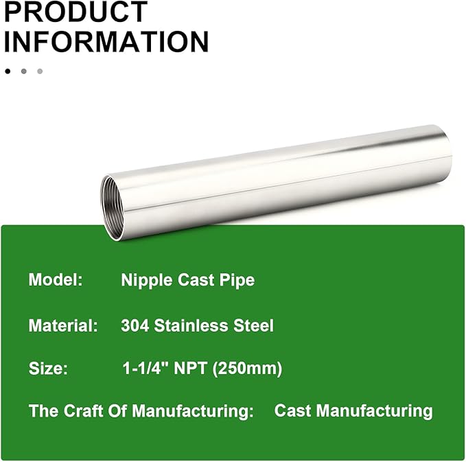 TAISHER 1PCS Stainless Steel Pipe Fittings, 1-1/4" NPT Female x 1-1/4" NPT Female Threaded, 10" Length Nipple Cast Pipe