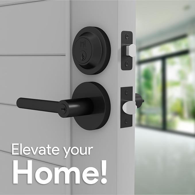 Mega Handles Ronn Entrance Combo, Entry Lever Door Handle and Single Cylinder Deadbolt Lock and Key Combo Pack, Heavy Duty Round Locking Door Levers Set for Left or Right-Handed Doors - Matte Black