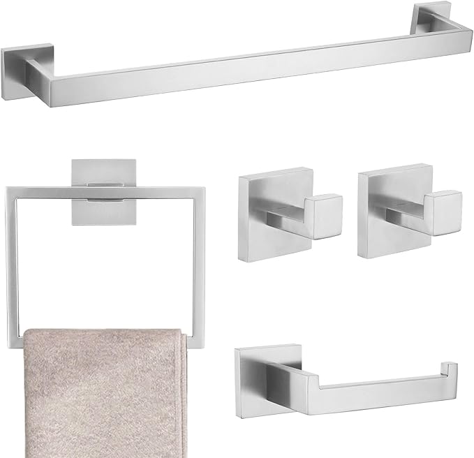 Brushed 5-Piece Bathroom Hardware Accessories Set-Towel Bar & Holder Racks for Bathroom,SUS304 Stainless Steel,Wall Mounted,23.6-Inch