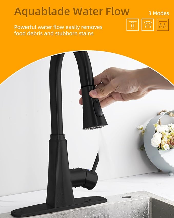 Hibbent Kitchen Sink Faucet Head Replacement, NSF/ANSI/CAN 61 & CUPC Certified, 3-Function Pull Down Sprayer Nozzle with 15 Adapters, Compatible with Delta, Kohler, Moen Faucet, Matte Black
