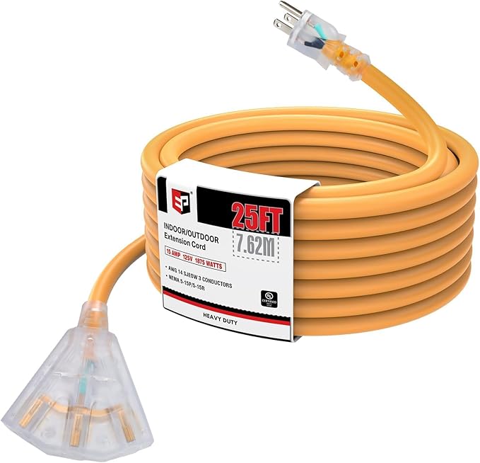 EP 25 Ft 14/3 SJEOW Heavy Duty Outdoor Extension Cord, Yellow 3-Outlet Power Cable with LED Lighted Plug, Water-Resistant for Indoor/Outdoor Use, Lawn, Garden, Appliances & Tools