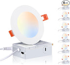 CLOUDY BAY 6 Pack 4 Inch 5CCT Ultra-Thin LED Recessed Ceiling Light with Junction Box,2700K/3000K/3500K/4000K/5000K Selectable,10W Dimmable Canless Wafer Downlight,White,650LM High Brightness
