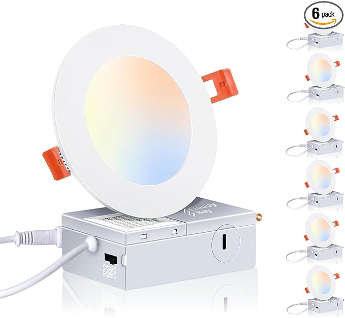 CLOUDY BAY 6 Pack 4 Inch 5CCT Ultra-Thin LED Recessed Ceiling Light with Junction Box,2700K/3000K/3500K/4000K/5000K Selectable,10W Dimmable Canless Wafer Downlight,White,650LM High Brightness