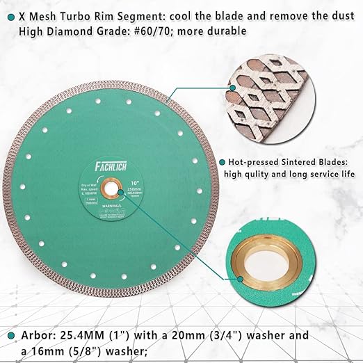 Diamond Porcelain Saw Blade,2pcs 10"/250MM Super Thin Dry Wet Cutting Disc with X Teeth Turbo Mesh Rim,for Ceramic Tile Porcelain Granite Marbles