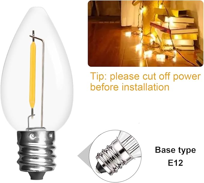 Jslinter 25Pack C7 LED String Light Bulbs Replacement, 1W(11W Equivalent), 60LM, 2200K Warm White, Shatterproof, E12 Screw Base, Vintage Edison Bulbs for Patio Garden