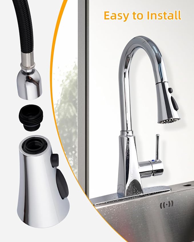 Hibbent Kitchen Sink Faucet Head Replacement, NSF/ANSI/CAN 61 & CUPC Certified, 3-Function Pull Down Sprayer Nozzle with 15 Adapters, Compatible with Delta, Kohler, Moen Faucets, Chrome (Silver)