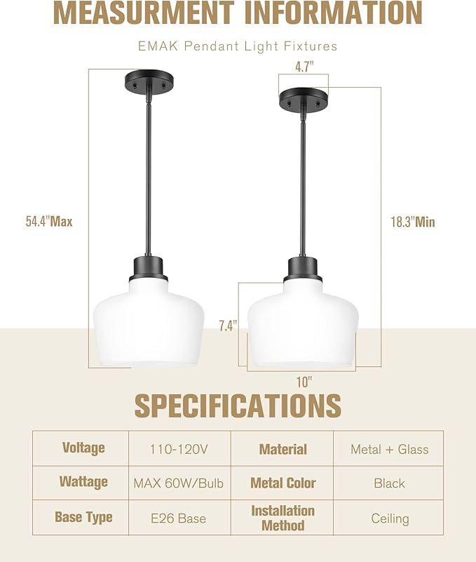 Emak Modern 10 Inch Milk Glass Pendant Lights Kitchen Island, Farmhouse Black Pendant Light Fixtures Large Hanging Lights for Kitchen, Dining Room, PL126-BK-ML