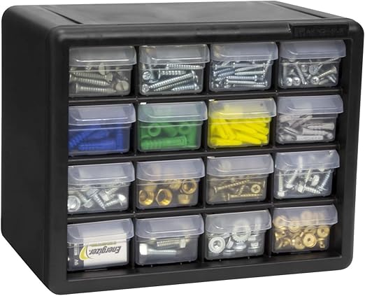 Akro-Mils 16-Drawer Plastic Drawer Storage Cabinet for Garage Organization, Beads, Makeup Organizer, Building Bricks Storage, Teacher Toolbox, 10-1/2-Inch W x 6-1/2-Inch D x 8-1/2-Inch H, 10116 Black