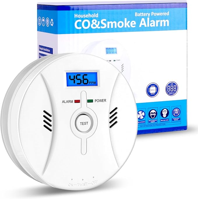 2 in 1 CO & Smoke Detectors, Carbon Monoxide Detector,with 9V Battery,Digital Display, Smoke Detector Carbon Monoxide Detector Combo,Alarm for Home or Office,Easy to Install