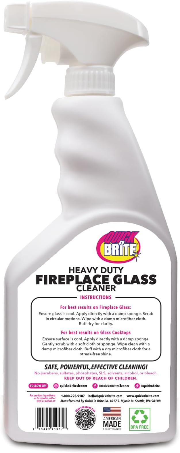 Quick 'n Brite Fireplace Glass Cleaner 24oz, Nonabrasive Cleaning Spray for Oven, Cooktops, Ceramic-Glass, Microwave Glass