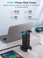 Power Strip Tower with Wireless Charger, Flat Plug Surge Protector Tower with 15FT Extension Cord, 12 AC Multiple Outlets, 4 USB (2 USB C),15W Wireless Charging Power Tower for Home Office Dorm, Black