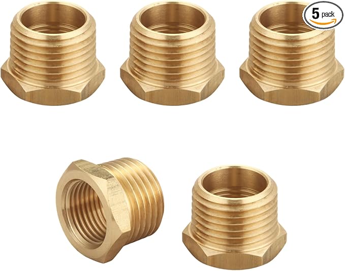 1/2 Inch NPT Male x 3/8 Inch NPT Female Brass Pipe Fitting, Hex Bushing, Reducer Adapter, Thread 0.75" OD × 0.625" ID, (5 Piece)