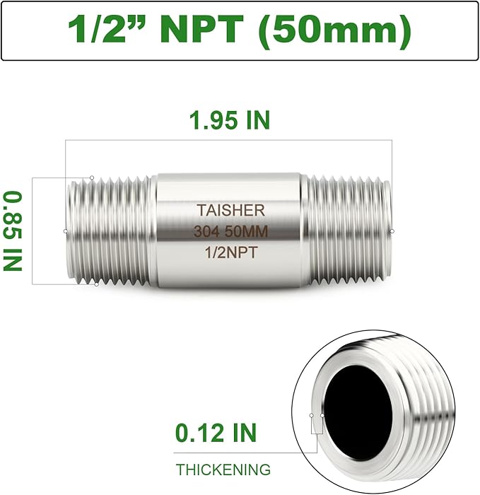 TAISHER 2PCS Stainless Steel Pipe Fittings, 1/2" NPT Male x 1/2" NPT Male Threaded, 2" Length Thickened Nipple Cast Pipe