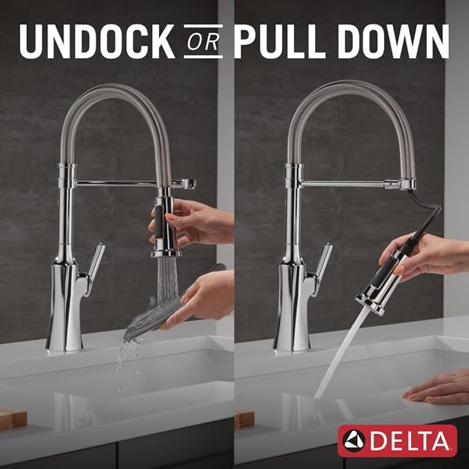 Delta Ermelo Pro Style Commercial Kitchen Faucet with Pull Down Sprayer, Chrome Single Hole Kitchen Sink Faucet, Single Handle, Chrome 18887-DST