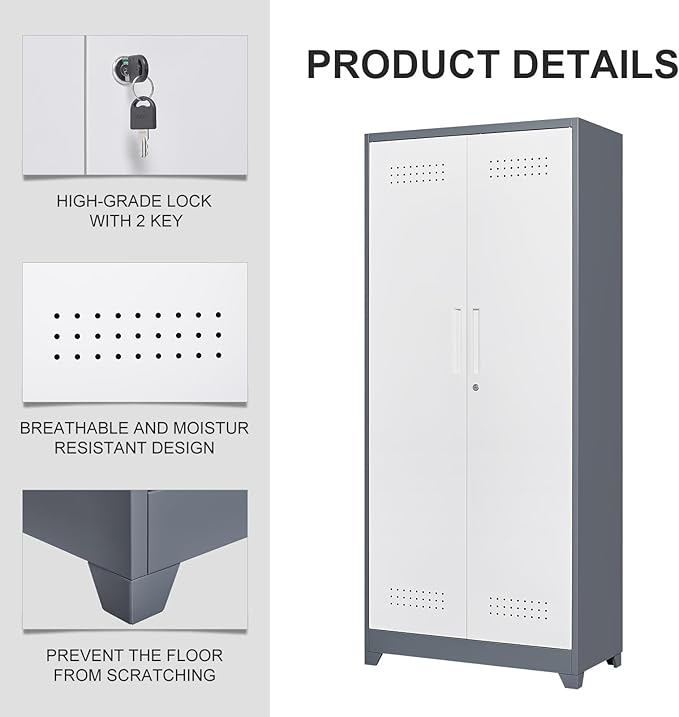 FLEXIMOUNTS 73'' Tall Metal Storage Cabinet with Locking Door, Large Cleaning Tool Organizer for Brooms, Garage, Laundry Room, Bathroom, Grey-White