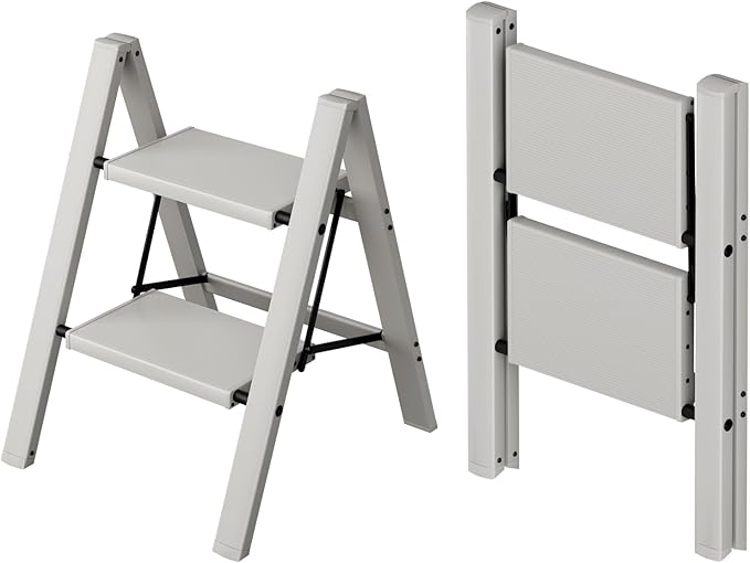 Taranta 2 Step Ladder,Aluminum Lightweight Folding 2 Step Stool with Anti-Slip Wide Pedal,330lbs Capacity Step Ladder for Household,Kitchen,Office - Misty Gray