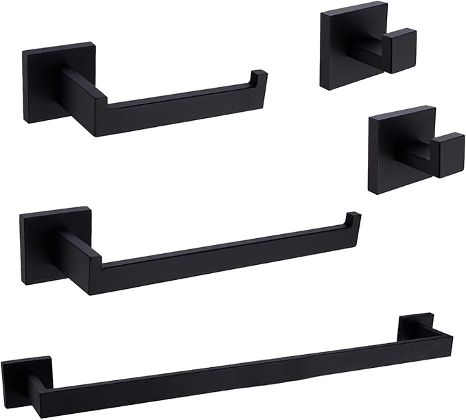 TRUSTMI Black Bathroom Hardware Set Contemporary 5-Pieces Wall Mounted Towel Bar Set, Stainless Steel Square Shaped Bathroom Hardware Accessories, Matte Black
