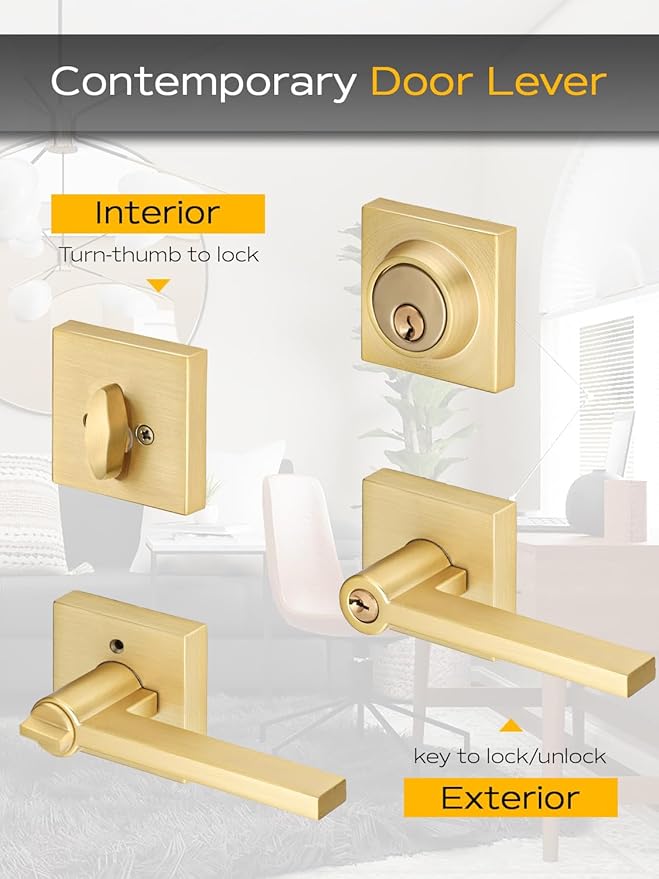 3 Sets Entry Door Handle and Single Cylinder Deadbolt Lock and Key Combo Pack - Heavy Duty Square Locking Lever Set - Interior/Exterior Door Levers in Satin Brass Finish