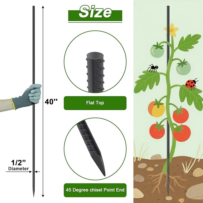 AAGUT 40" Rebar Stakes 20 pcs, Heavy Duty 1/2" Landscpe Timber Spikes Concrete Forming Stakes Straight Metal Garden Plant Stakes Anti Rust Black Coating