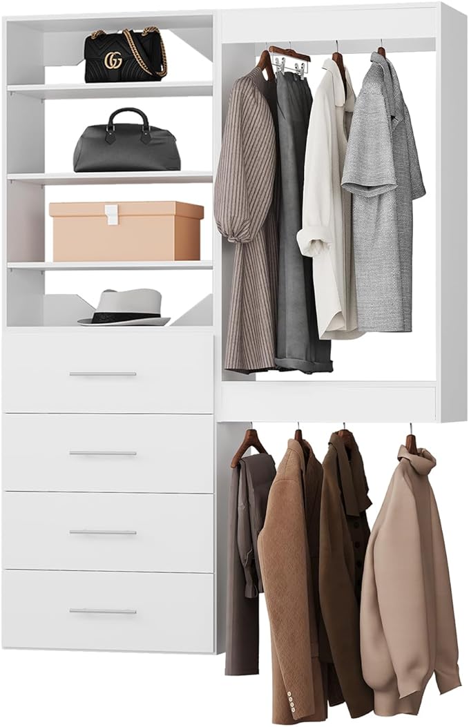 ROOMTEC Modular Closet System, 67" Wall-Mounted Closet Organizer with Drawers and Hanging Rods, Wooden Tower for Walk-In Closets, Wardrobe Storage Kit, White