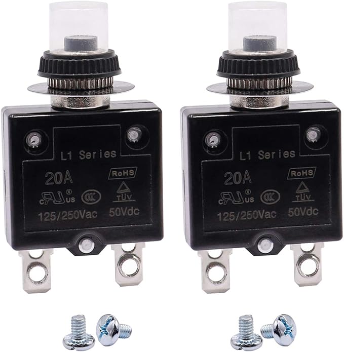 mxuteuk 2Pcs 20Amp Circuit Breakers Push Button Manual Reset 125/250V AC 50V DC, L1 Series Overload Protector Switch Thermal Circuit Breakers with Waterproof Button Caps L1-ls-20A