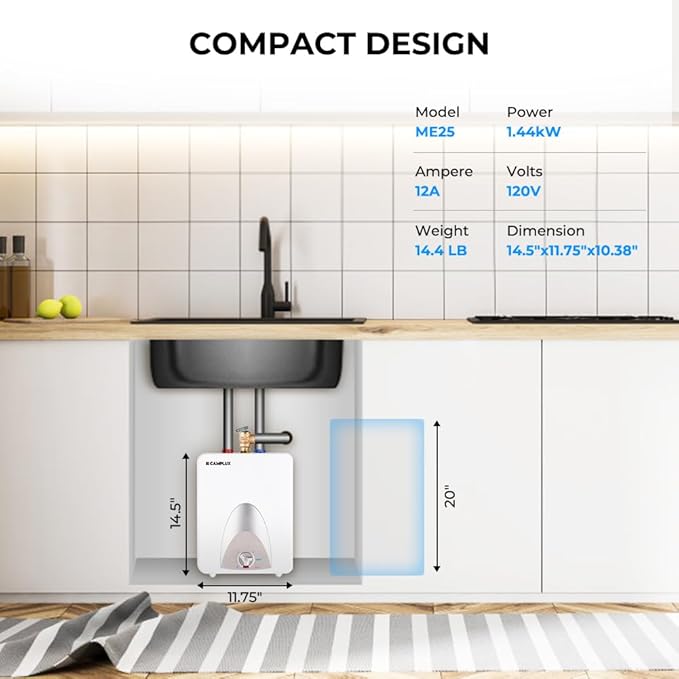 CAMPLUX Electric Mini Tank Water Heater 2.5 Gallons (ME25), Eliminate Time for Hot Water - Shelf, Wall or Floor Mounted