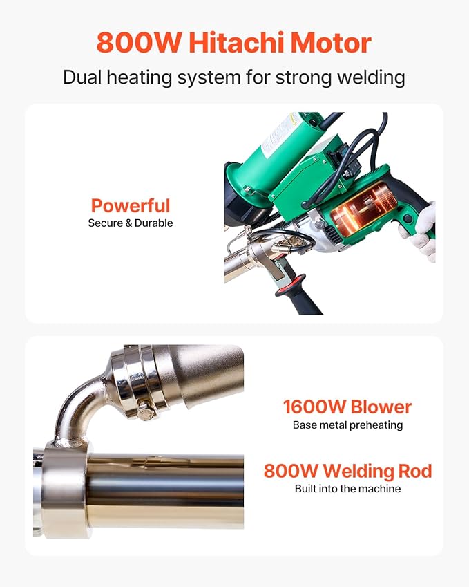 VEVOR Handheld Plastic Welding Extruder, 800W Hitachi Motor Extrusion Welding Gun - 0.79 in Weld Width & 360° Nozzle, Dual Heating System PP PE PVC HDPE Extrusion Welder for Membrane Pipe Plate