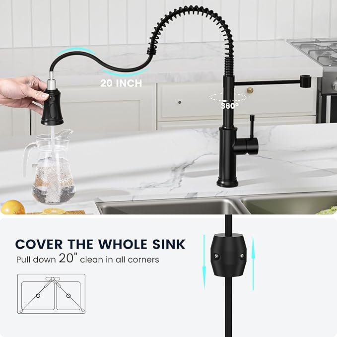 DAYONE Matte Black Kitchen Sink Faucet with Pull Down Sprayer Antique, 3 Modes Stainless Steel Spring Vintage Sink Faucet for Kitchen Bar Camper 1 or 3 Holes Single Handle