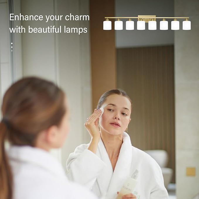 8 Light Bathroom Light Fixtures Gold for Big Mirror, Brushed Gold Vanity Lights for Bathroom with Milky White Frosted Glass Shades, 51 inch Wall Sconce for Mirrors Living Room Bedroom