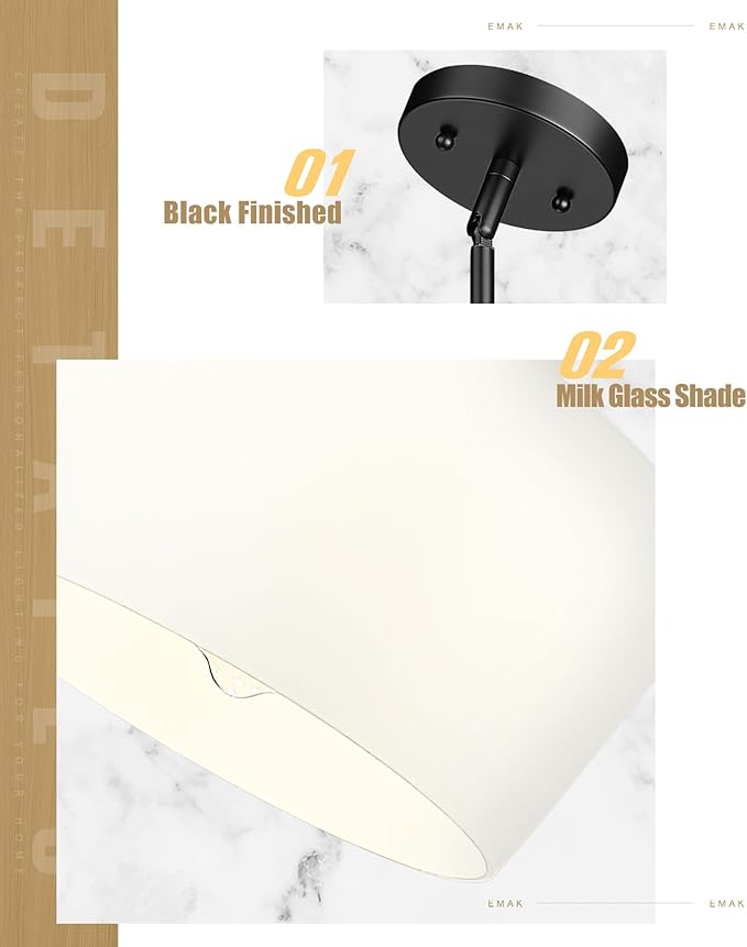 Emak 2 Pack 8 Inch Milk Glass Pendant Lights Kitchen Island, Modern Farmhouse Black Pendant Light Fixtures for Kitchen Island, Bathroom, Dining Room, PL122-BK-ML-2PK