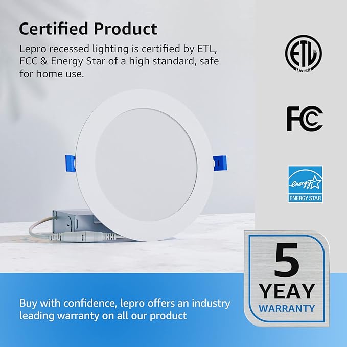 Lepro 6 Pack 4 Inch Canless LED Recessed Light with Junction Box, Ultra-Thin 5000K Daylight, Dimmable Retrofit Downlight, 10W Eqv. 75W,750LM High Brightness,Baffle Trim,ETL,Energy Star&FCC Certified