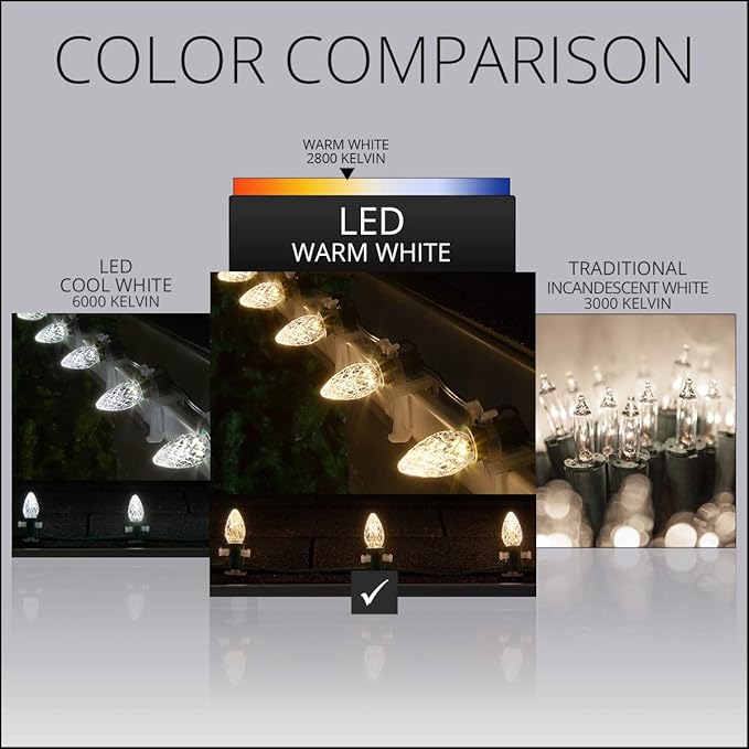 Wintergreen Lighting 25 Pack OptiCore C7 LED Christmas Light Bulbs - Replacement LED Christmas Lights Heavy Duty Premium Outdoor Christmas Lights, E12 Base(Warm White Faceted)