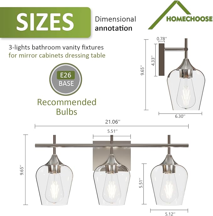 Vanity Bathroom Light, 3-Light Bathroom Light Fixtures Over Mirror, Silver Vanity Lights for Bathroom with Clear Glass, Modern Wall Lamp for Cabinet Hallway, Bedroom