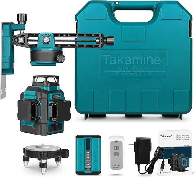 Takamine 3x360° 12 Lines Self Leveling Green Laser Level, 3D Cross Line for Construction/Picture Hanging with Removable Li-ion Battery, Remote Controller, Magnetic Rotating Stand and Hard Case