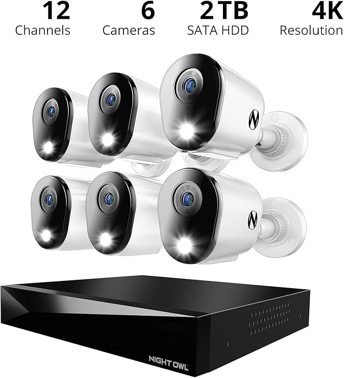 Night Owl 2-Way Audio 12 Channel DVR Video Home Security Camera System with (6) Wired 4K HD Indoor/Outdoor Deterrence Cameras and 2TB Hard Drive (Add up to 4 Wi-Fi Cameras) (6 Camera)