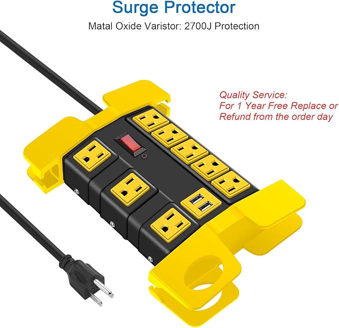 Heavy Duty Power Strip with USB, Workshop 8 Outlet Surge Protector 2700 Joules, Industrial Metal 15Amp Power Strip, 10 FT Extension Cord and Wide Spaced Black.