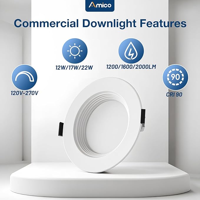 Amico 6 Inch Commercial LED Recessed Downlight, 12W/17W/22W Adjustable, 5CCT (2700K-5000K), 120-277V, CRI 90+, 0-10V Dimmable, Canless Ceiling Light, ETL & FCC Certified