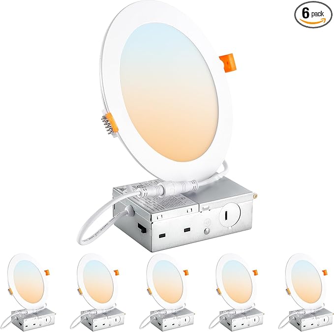 DLLT LED Recessed Ceiling Light: 6 Pack 6 Inch Slim Recessed Lighting for Kitchen - 5CCT Dimmable Canless Wafer Downlight for Living Room - 1200LM Brightness 12W Can Lights for Bedroom ETL FCC