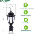 LIT-PaTH Dusk to Dawn Outdoor Post Lighting Fixture Pole Lantern, E26 Medium Base Max 60W, Aluminum Housing Plus Glass, Bulb Not Included (Black, 2-Pack)