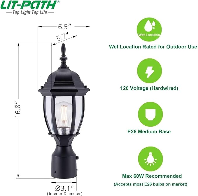 LIT-PaTH Dusk to Dawn Outdoor Post Lighting Fixture Pole Lantern, E26 Medium Base Max 60W, Aluminum Housing Plus Glass, Bulb Not Included (Black, 2-Pack)