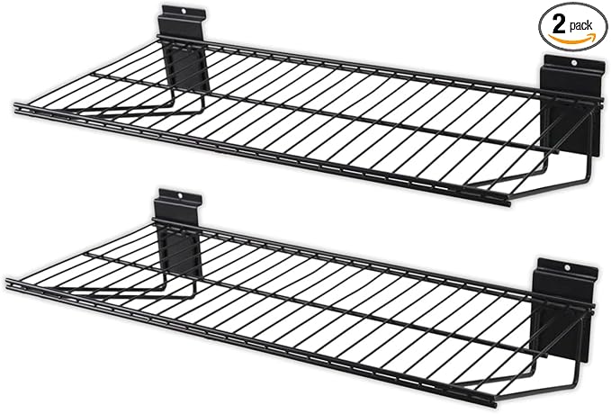 Slatwall Shelves, 24" x 11.4" Heavy Duty Metal Tool Storage Slat Wall Accessories Shelf Mesh Storage Rack for Garage, Workshop, Basement and Kitchen, Max Load 50 lbs (Black,2 Pack)
