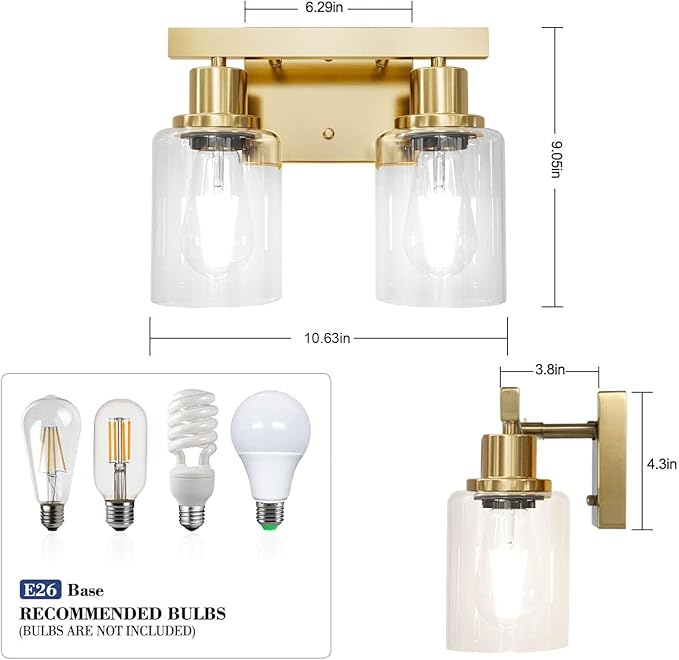 2-Light Brushed Gold Vanity Lights for Bathroom, Brushed Gold Bathroom Light Fixtures, Modern Vanity Lighting Over Mirror with Clear Glass Shade, Farmhouse Bath Wall Lamp for Mirror