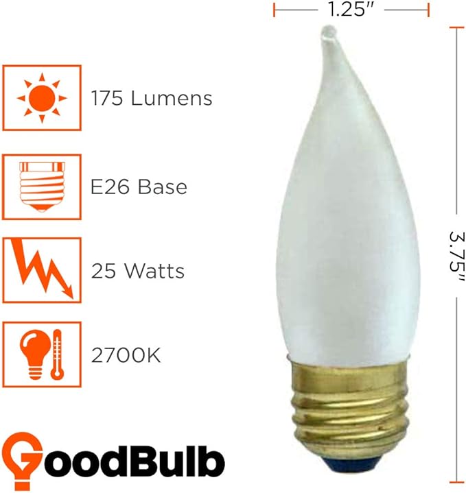 GoodBulb 25-Watt Frosted CA10 Light Bulbs Incandescent Restaurant Bulb with E26 Medium Base 2700K Warm White Light Color 175 Lumens Restaurant Light Bulbs Pack of 10 Bulbs