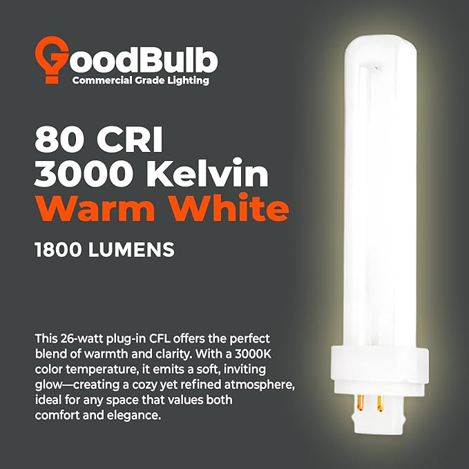 GoodBulb 26 Watt CFL Light Bulbs 4 Pin G24Q-3 Base 3000K Warm White 26W High Output 1800 Lumens Double Tube Compact Fluorescent Light Bulbs Plug-in 10 Pack