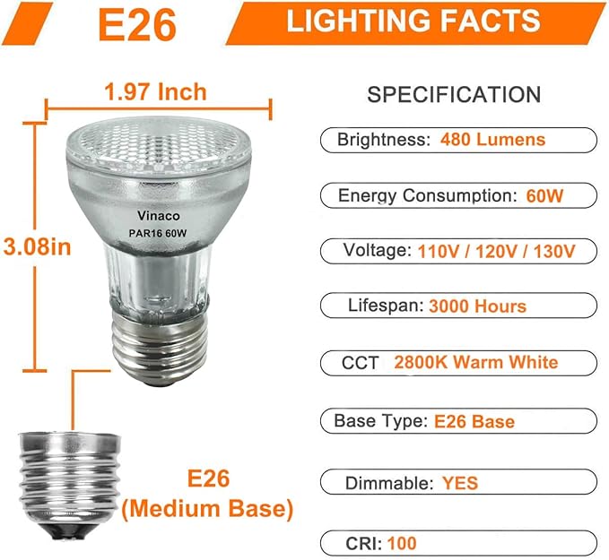 Vinaco PAR16 Bulb 120V, 6 Pack Long Lasting PAR16 Halogen Bulb 60 Watt with E26 Base, PAR16 Dimmable with 2800K Warm White, High Output PAR 16 Flood 60W for Range Hood Lights, Table Light, Track Light